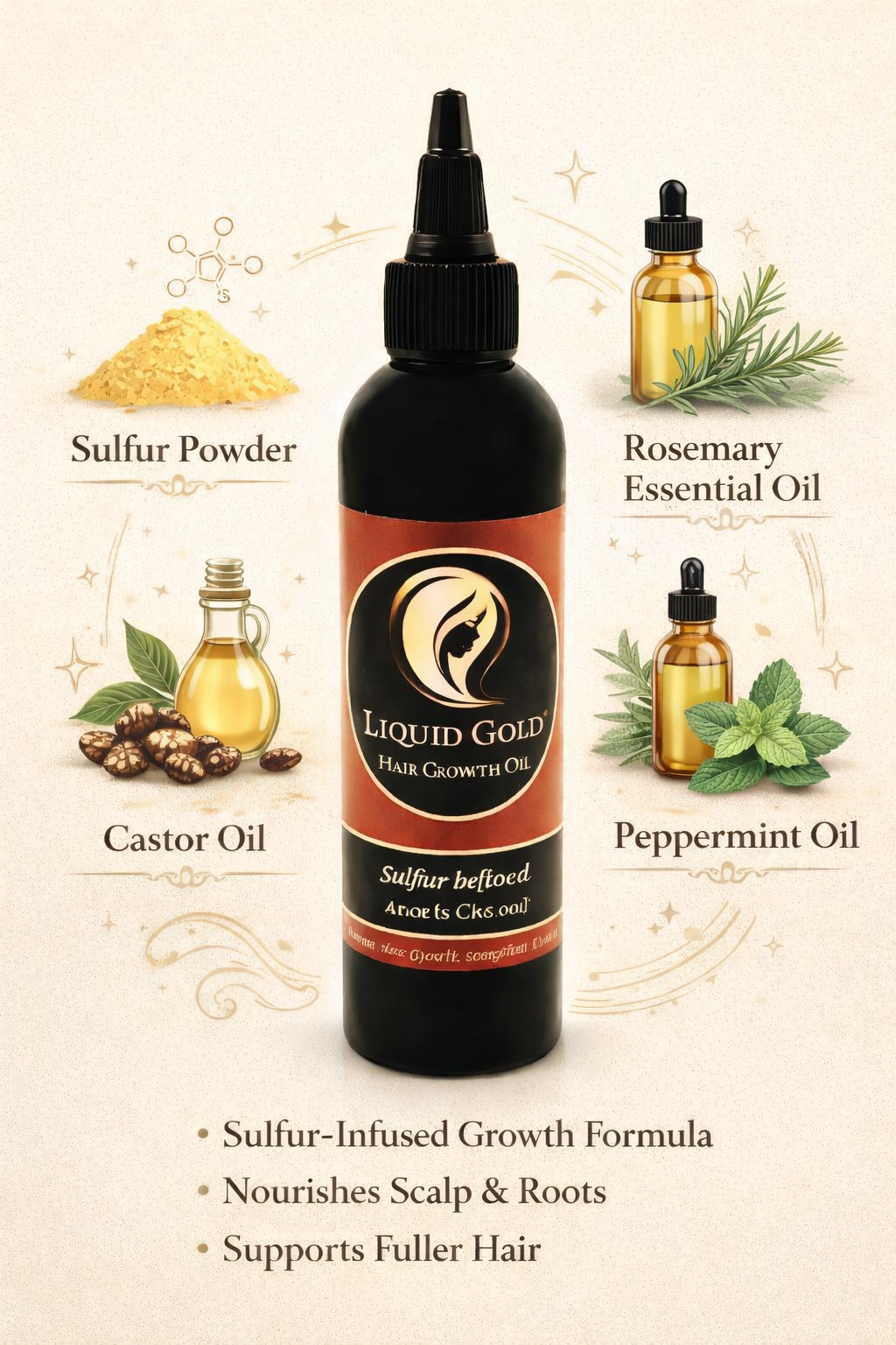 Liquid Gold Hair Growth Oil –  Strengthens, Nourishes and Supports Thicker Fuller Hair - Sulfur Infusion
