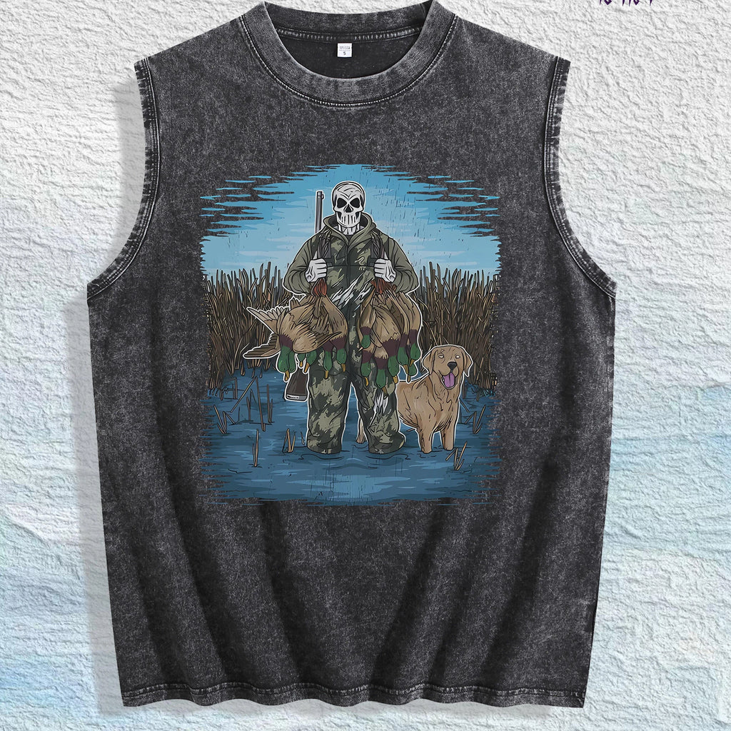 Hunting Skull & Dog Graphic Washed Vest US Warehouse 3 Colors Cotton Tank
