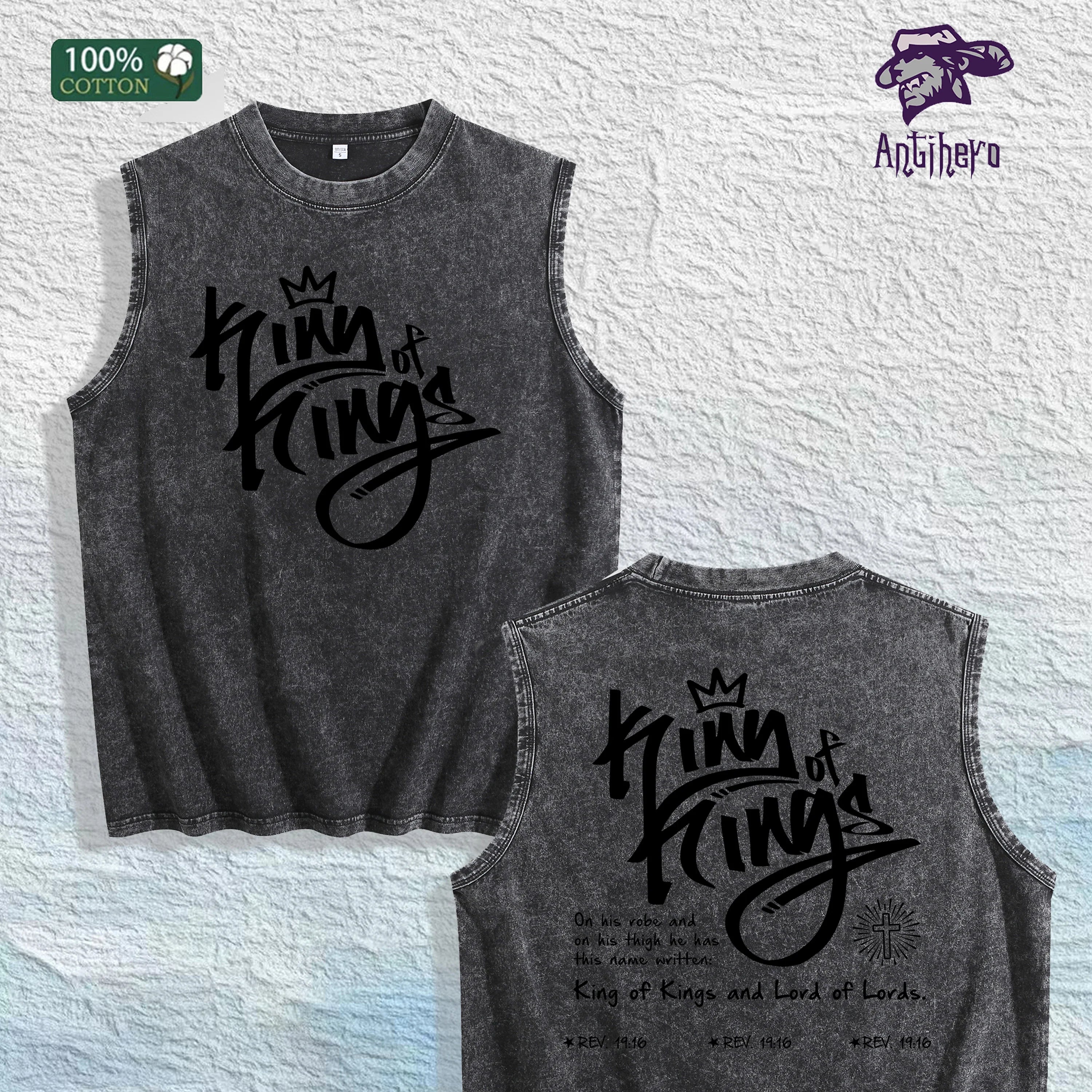 King of Kings Religious Graphic Washed Vest US Warehouse 3 Colors Cotton Tank
