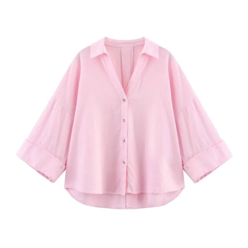 HipSeam Wide Sleeved Shirt Women Spring Asymmetric Hem Button Women's Shirts Simple Lady Johnny Collar Linen Shirts & Blouses