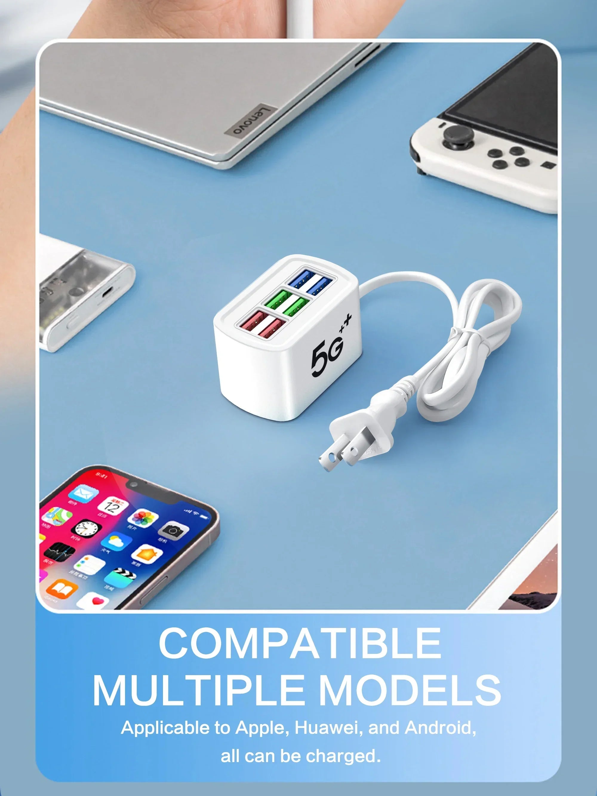 Fast USB Charger 6 in 1 Power Strip Desktop Charging Station Fast Charging 1m Cord USB HUB Adapter Socket for iPhone 16 Home