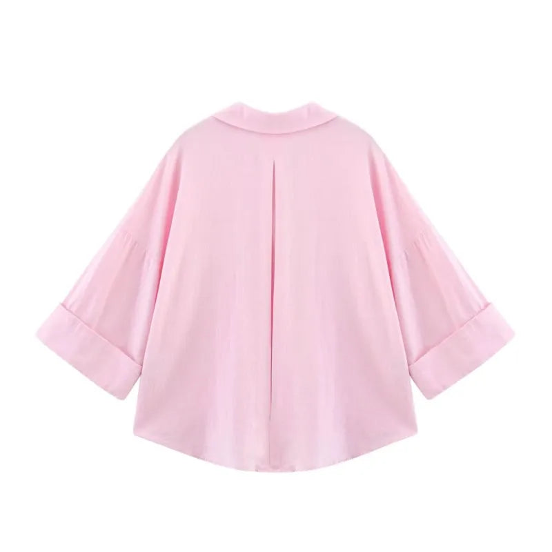 HipSeam Wide Sleeved Shirt Women Spring Asymmetric Hem Button Women's Shirts Simple Lady Johnny Collar Linen Shirts & Blouses