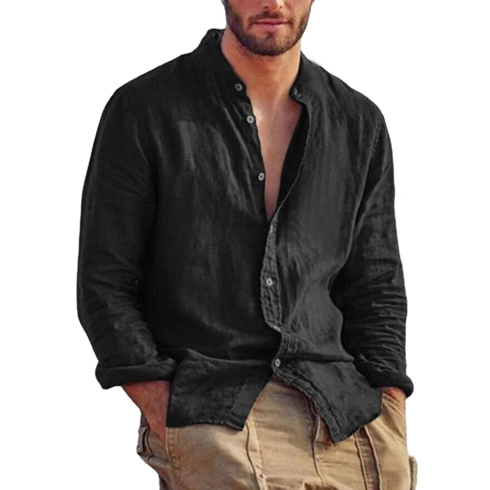 Sweatwear Men's Long Sleeve Shirt Linen Solid Color Shirts Trend Stand Collar Casual Lightweight Breathable Tops Hawaiian Shirt