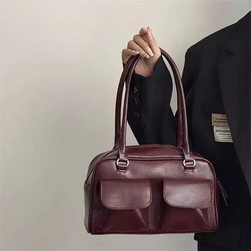 Vintage Women's Business Shoulder Bags | Simple Ladies Commute Tote Bag & PU Leather Female Underarm Bag (Burgundy Large Handbags Purse)