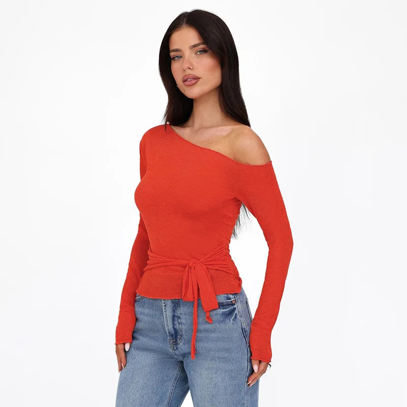 One Shoulder T Shirts For Women Aesthetic Clothes Sashes Crop Top Y2k Accessories Long Sleeve Lady Tshirt Ropa Mujer Camisetas