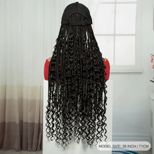 28" Curly Knotless Box Braids Hat Wig | Synthetic Baseball Cap Wig