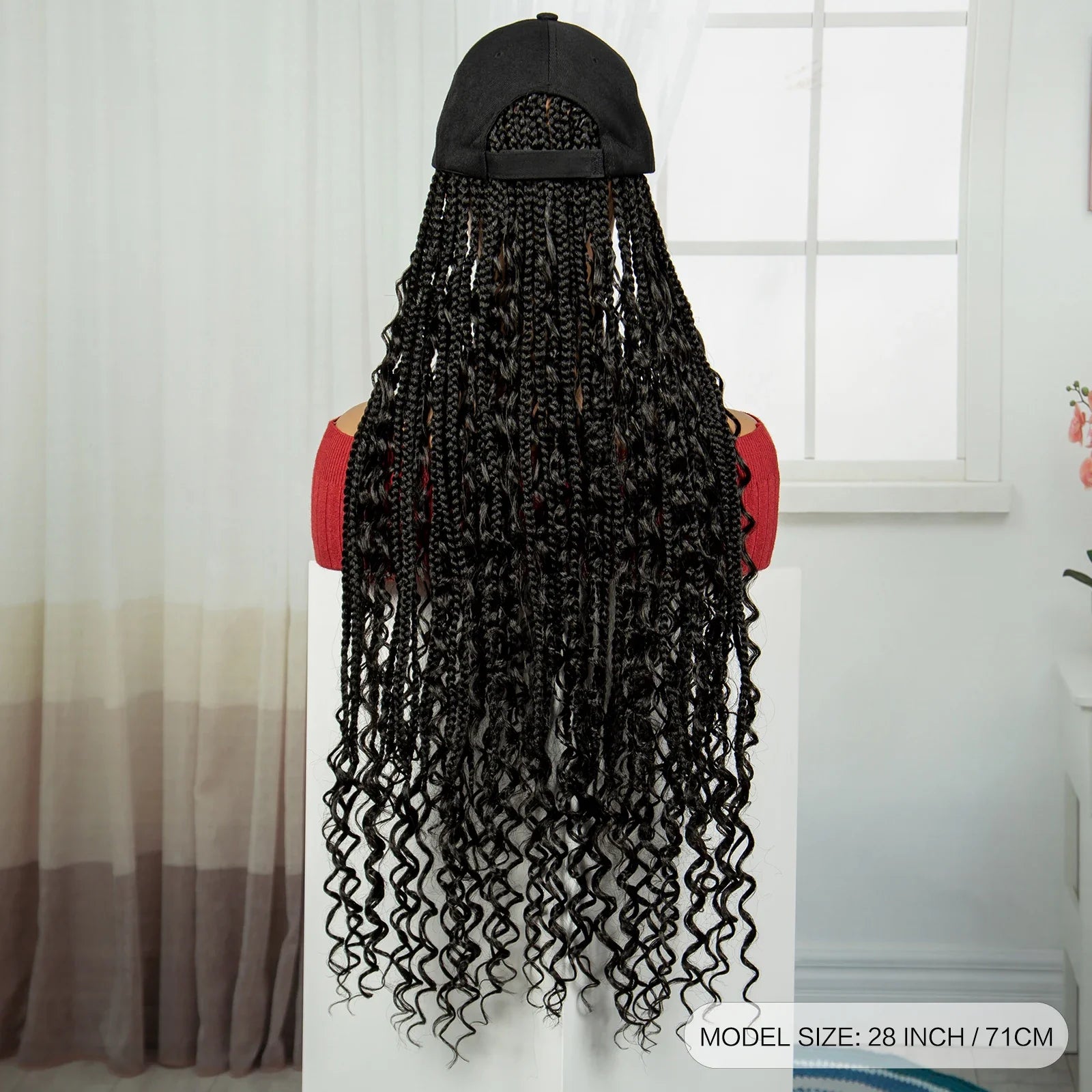 28" Curly Knotless Box Braids Hat Wig | Synthetic Baseball Cap Wig