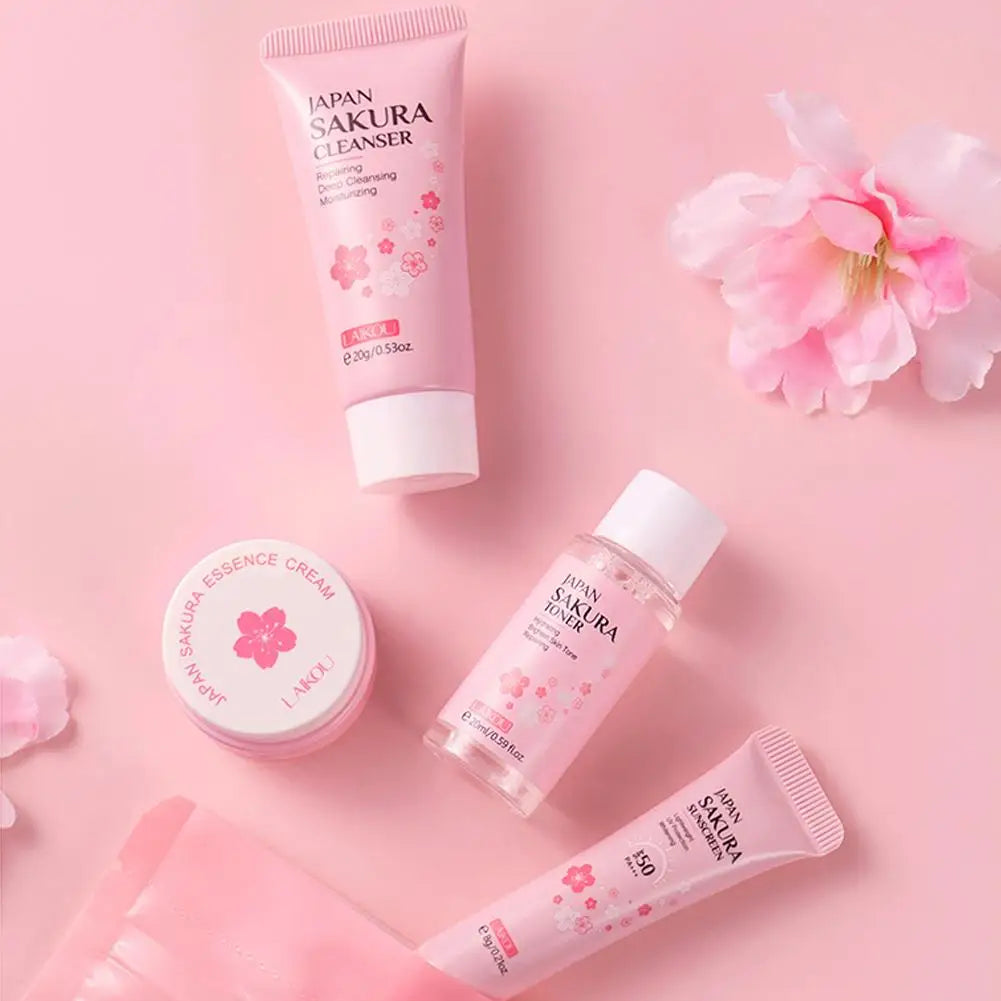 Sakura Skin Care Set facial Cleanser,Serum,Toner,Sunscreen,facial cream Beauty skin care For Women Gifts Routine Travel Kit