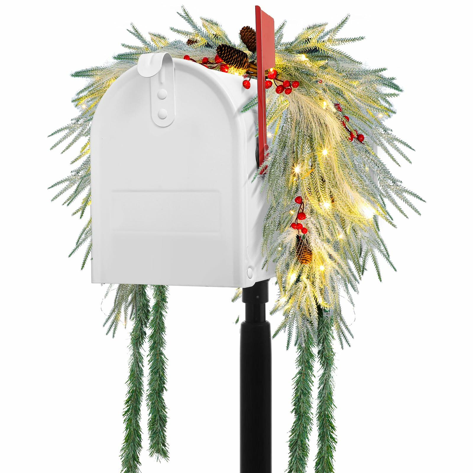 Chuangdi 36" Prelit Christmas Mailbox Swag Wreath with Pine Cones & Red Berries