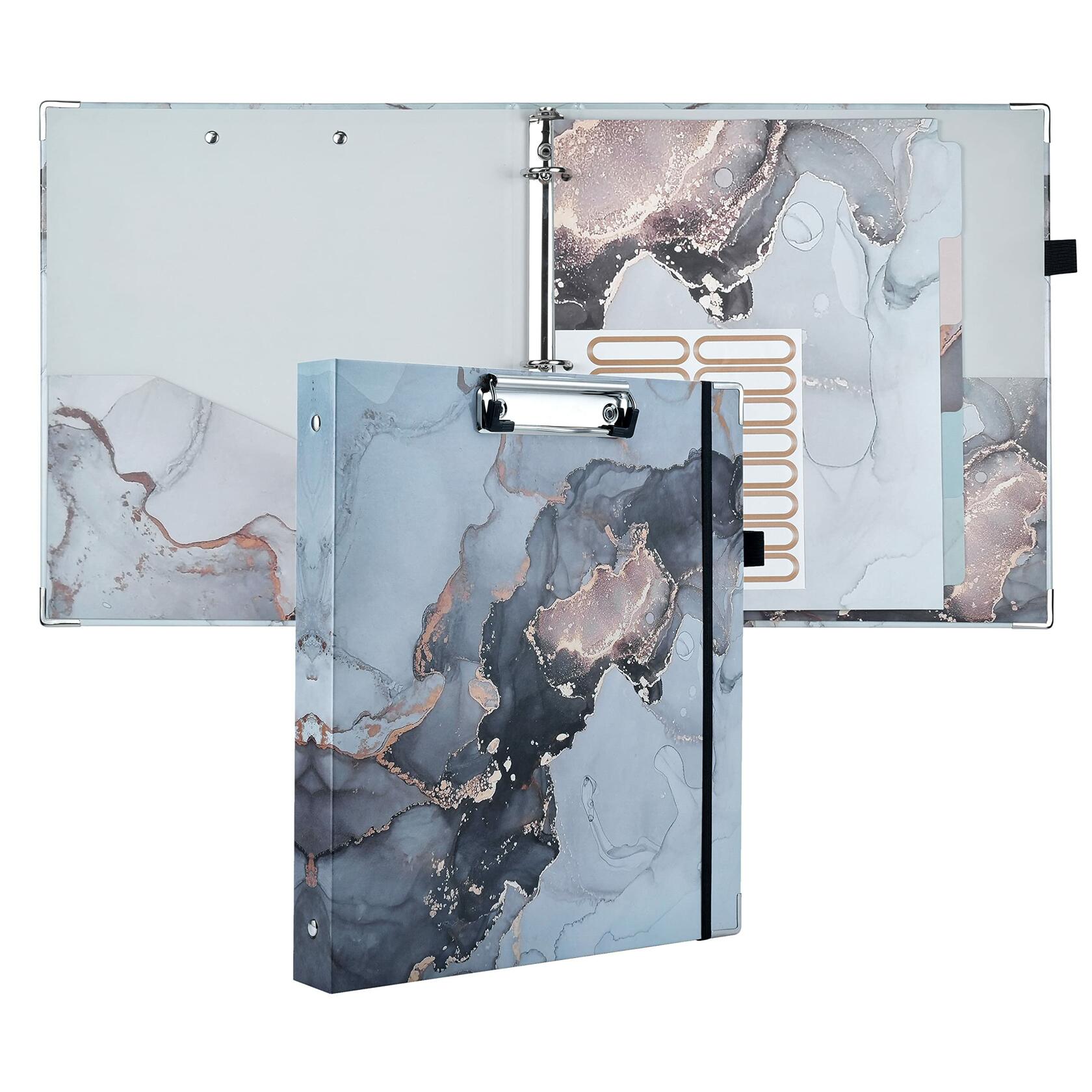 NELOVI 3 Ring Binder Letter Size 1" Black Marble Clipboard with 5-Tab Dividers