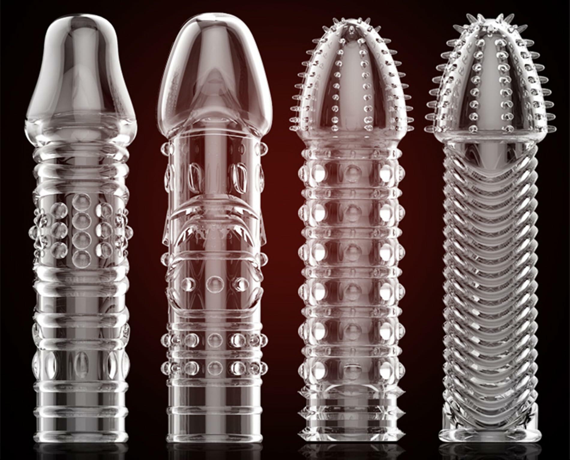 4PCS Threaded Male Condoms Transparent Fine Ring Extended Sleeve Adult