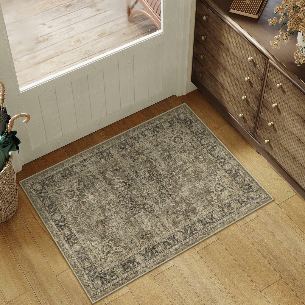 WondRg 2x3 Washable Non-Slip Low Pile Vintage Area Rug Beige