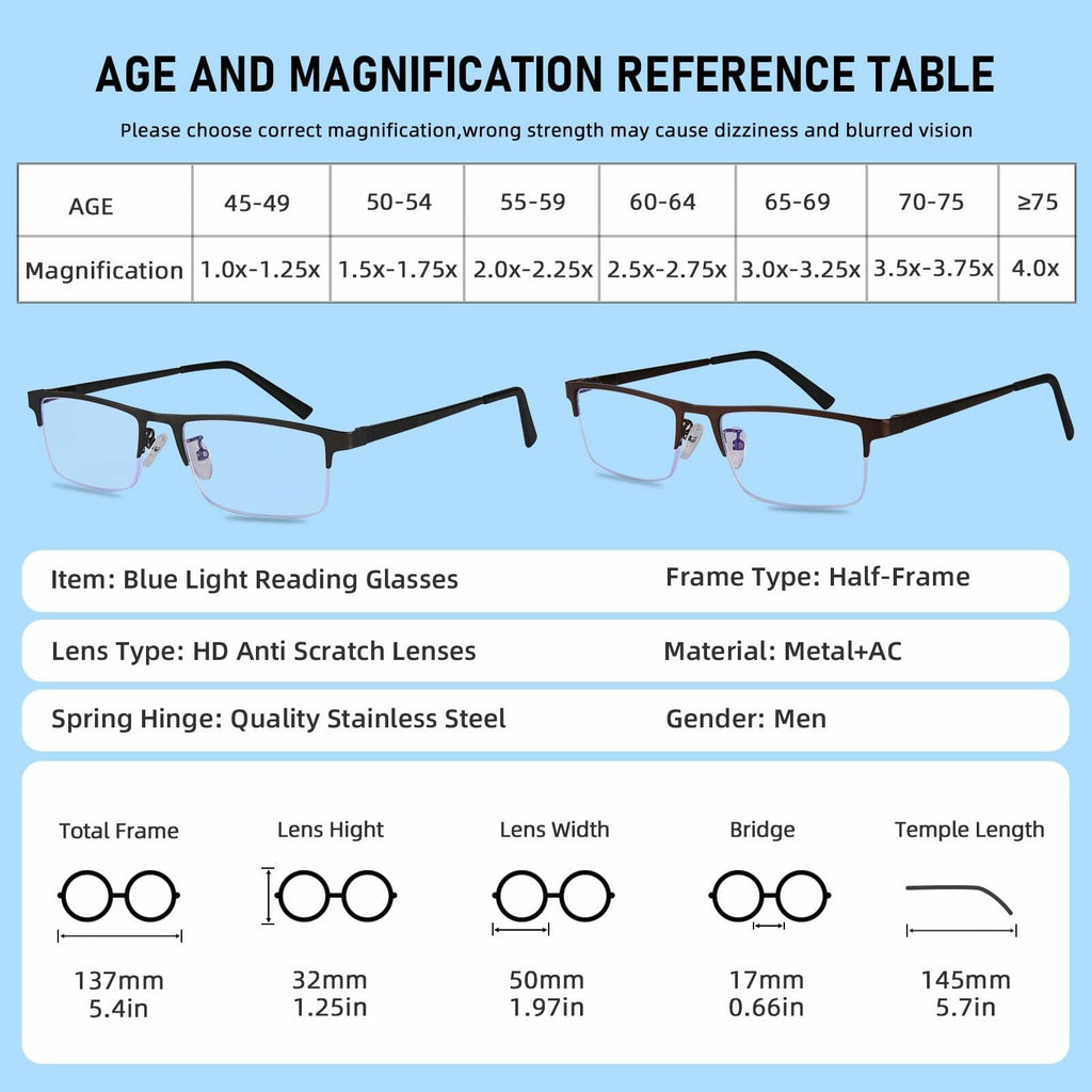Anourney 3 Pack Mens Reading Glasses Metal Half Frame Blue Light +2.75
